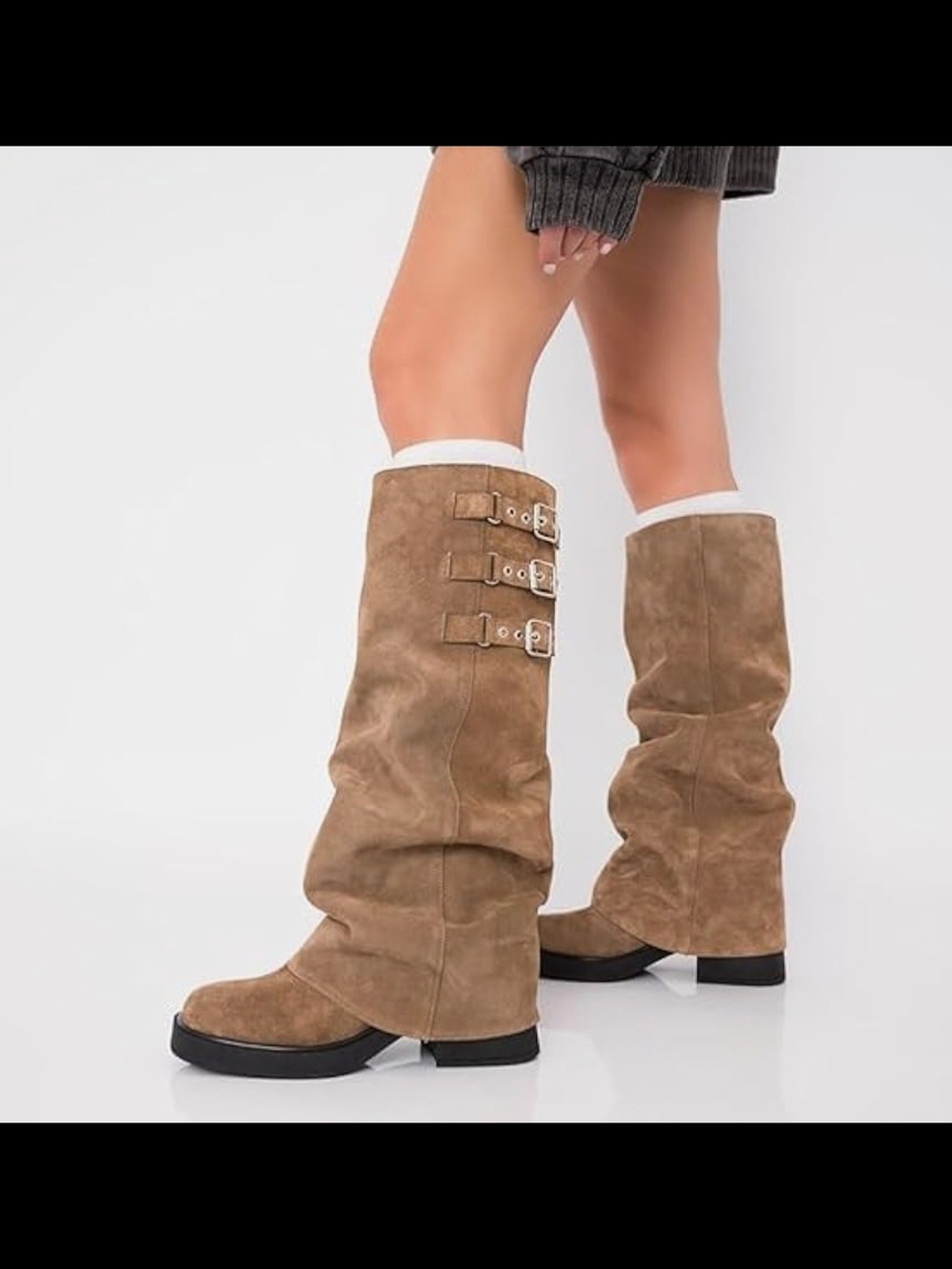 New In BOX Women's Tan Suede Slouch Knee-High Boots with Buckle Detail
